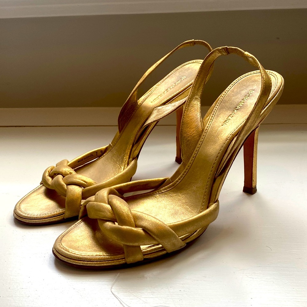 BCBG Maxazria muted gold sandals